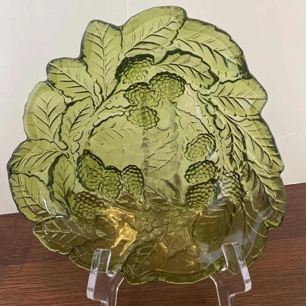 Vintage  Indiana Glass Candy Dish Avocado Green Raspberry Blackberry Leaf Design